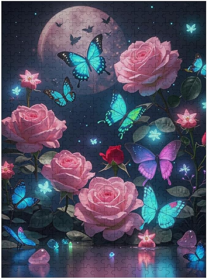 Wooden Puzzles 500 Piece，Butterfly and Rose Themed Jigsaw Puzzles Challenge Puzzles，Educational Games，Family Puzzles，Unique Gifts for Wall Art，Funny Puzzles