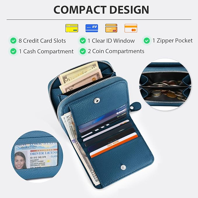 Small Wallet for Women, Genuine Leather RFID Blocking Credit Card Holder Slim Compact Coin Purse Women's Wallets with ID Window 8 Card Slots