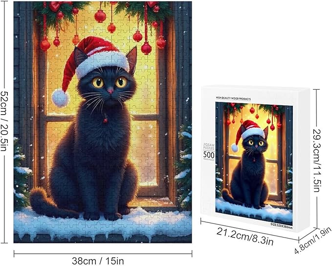 Jigsaw Puzzles for Adults 500 Piece - Christmas Black Cat Wooden Puzzles, Funny Puzzles，Unique Gifts for Wall Art，Family Puzzles，Educational Games，Challenge Puzzles
