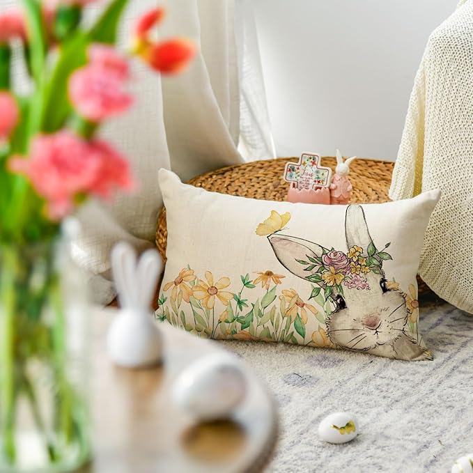 AVOIN colorlife Easter Yellow Floral Garland Bunny Throw Pillow Cover, 12 x 20 Inch Spring Rabbit Holiday Cushion Case Decoration for Sofa Couch Set of 2