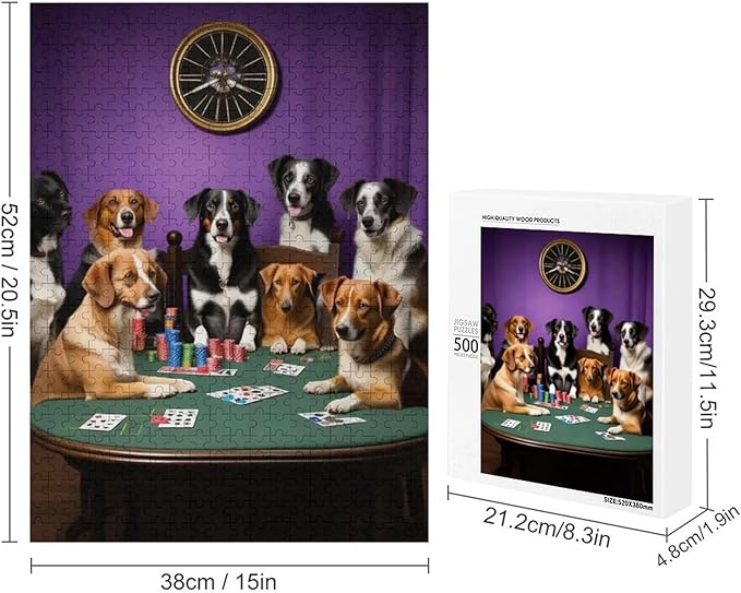 Wooden Puzzle - Dogs Playing Poker Jigsaw Puzzles，Wooden Puzzles for Adults 500 Pieces Challenge Puzzles，Educational Games，Family Puzzles，Unique Gifts for Wall Art