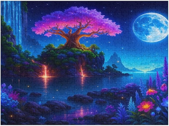 Meteor Shower and Moonlit Night 1000-Piece Wooden Jigsaw Puzzle, Starry Night Puzzle, Moonlit Landscape Scene, Indoor Relaxation, Family Fun, Stress-Relief Activity