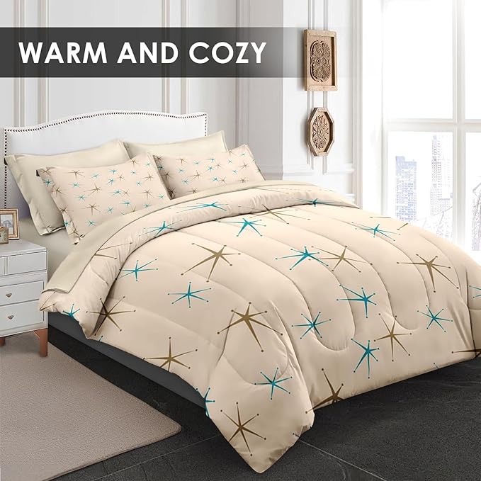 Comforter Set Twin Size, Mid Century Vintage Atomic 5 Pcs Bedding for Kids and Adults, Retro Geometric Science Bed Sheet Sets with Fitted Sheet Pillowcase & Sham for Bedroom Bed Decor