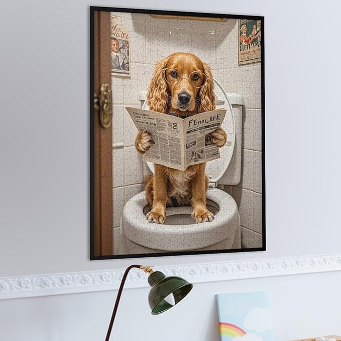 Funny Wooden Puzzle - Goldendoodle on Toilet Reading Newspaper Puzzle for Adult 1000 Piece，Wooden Jigsaw Puzzles Art Leisure Game Fun Suitable Family Friends Educational Learning Games Gift