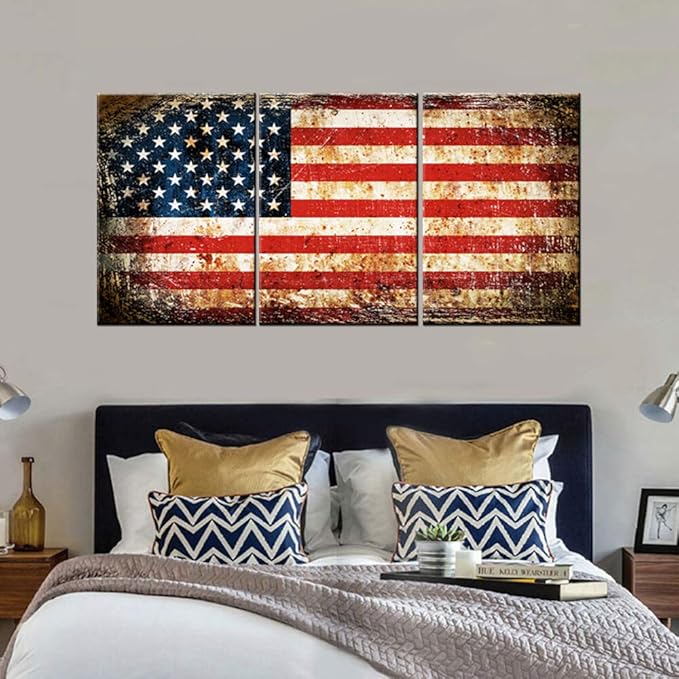 Canvas Wall Art Grunge USA Flag Pictures for Living Room White Red Striped Paintings Patriotism Retro Artwork Giclee Contemporary Home Decor Wooden Framed Ready to Hang Posters and Prints(48''Wx24''H)