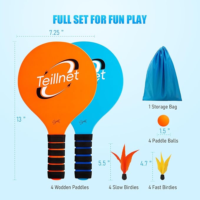 Paddle Ball Set, Outdoor Games for Adults and Family, Badminton Sets for Backyards Yard Game with 4 Rackets 4 Balls 8 Birdies, Beach Toys Pool Lawn Outside Park Camping Family Games Gifts