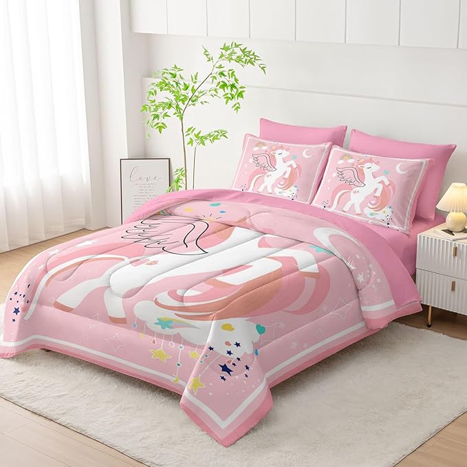 7Pcs Comforter Set Cartoon Pink Unicorn Printed Bedding Set with 1 Comforter,1 Flat Sheet,1 Fitted Sheet and 4 Pillowcases for Boys and Girls Bedroom All Season(Queen)
