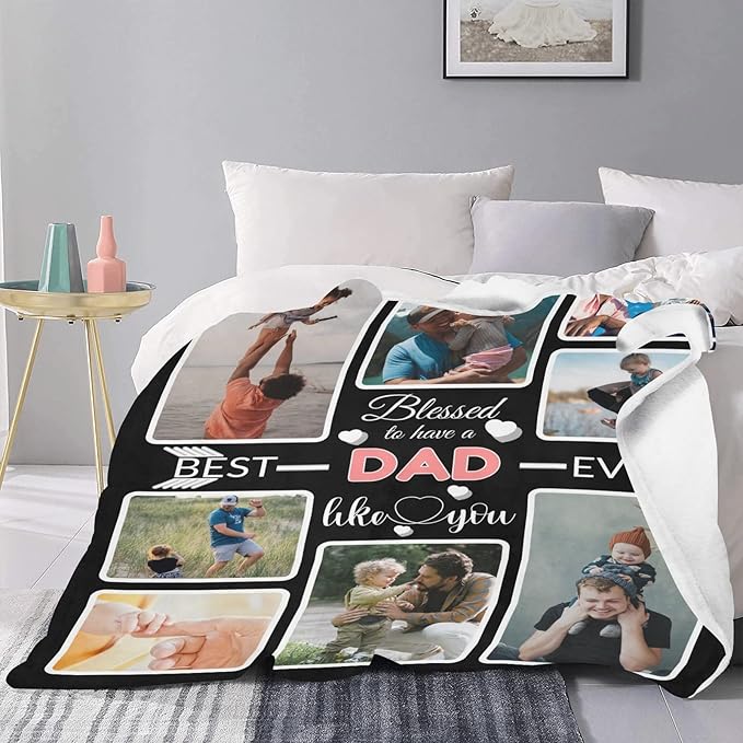 Custom Blanket Gifts for DAD, Customized Blankets with Photos, Make a Personalized Bed Throws to My DAD for Fathers Day, Custom Souvenir Throw Blanket for Best DAD Ever, 8 Collages Made In USA
