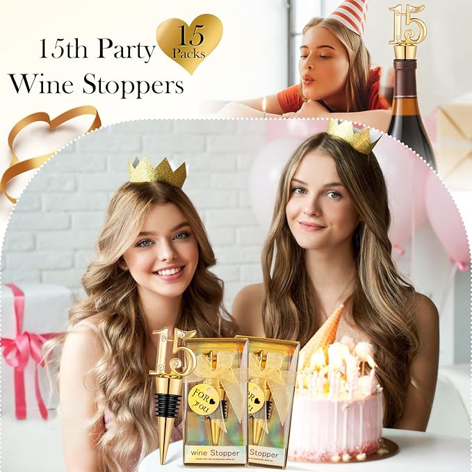 24Pack 15 Wine Bottle Stopper for 15th Birthday Party Favors, Quinceañera Party Favors 15 years old Wedding Anniversary Souvenirs or Decorations, Gift for Guests