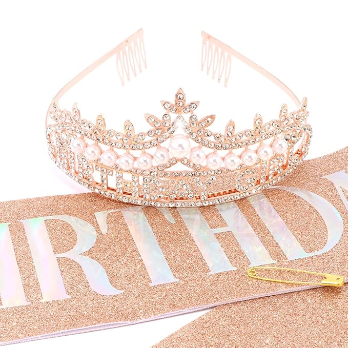 Rose Gold Birthday Girl Crown and Sash Pearl Birthday Tiara Rose Gold Birthday Decorations Set, Princess Crown Tiara for Women and Girls