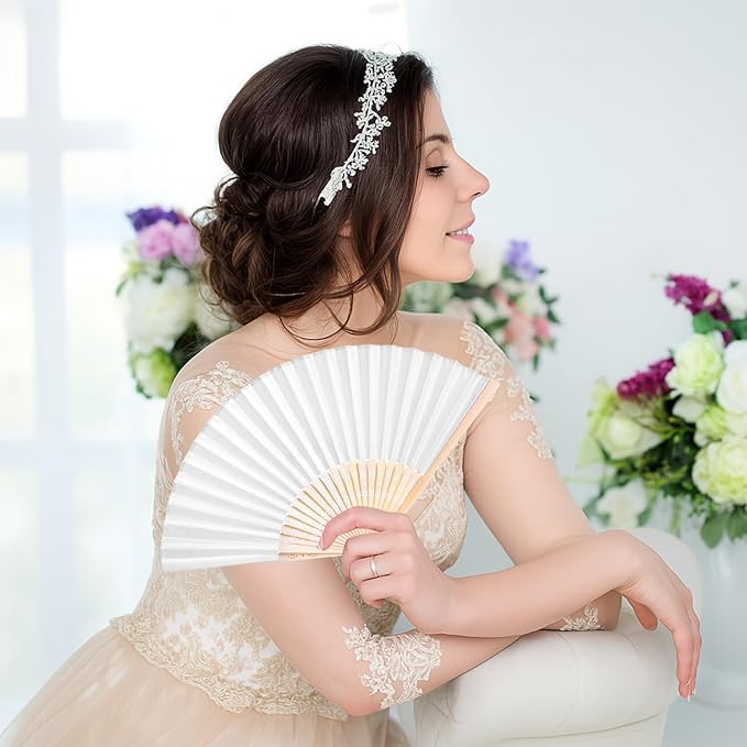 JOHOUSE 12 Pcs Wedding Fans, 8.3 Inch White Folding Hand Fans for Women, Wedding Guest Gifts, Party Favors, Dancing Props, DIY Crafts & Summer Cooling