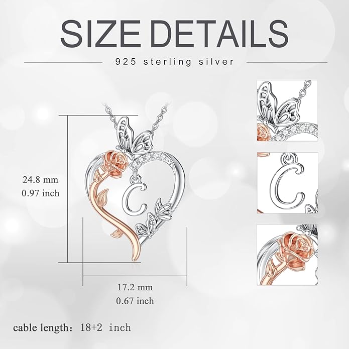 TOUPOP Rose Heart Necklaces Gifts for Women 925 Sterling Silver Butterfly Heart Initial Necklace Anniversary Valentines Day Birthday Jewelry Gifts for Mom Her Wife Girlfriend Daughter
