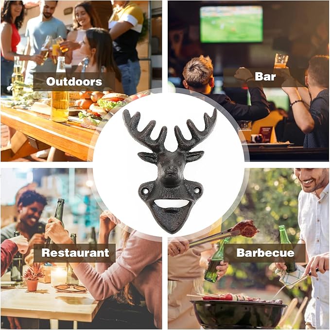 Sungmor Wall Mounted Bottle Opener, Cast Iron Cool Deer Head Bottle Opener, Beer Coke Beverage Bottle Cap Opener, Vintage Rustic Style Wall Hanging Opener, Bar Farmhouse Wall Ornament, Practical Gift