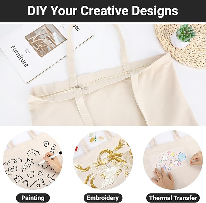 Segarty Canvas Tote Bag with Zipper, 6 PACK 19.7 x 15.7 inch Bags with Handles, 12 Oz Thick Reusable Plain Washable Grocery Shopping Totes for Teacher DIY Art Crafts Painting Decoration