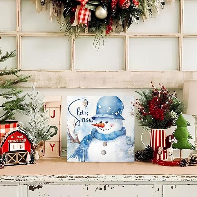 Mtrgdn Merry Christmas Sign, Winter Snowman Table Wood Box Sign,Winter Holiday Xmas Decoration Wood Box Signs Blocks for Home Bedroom Kitchen Shelf Desk Indoor Decor 5x5 Inch