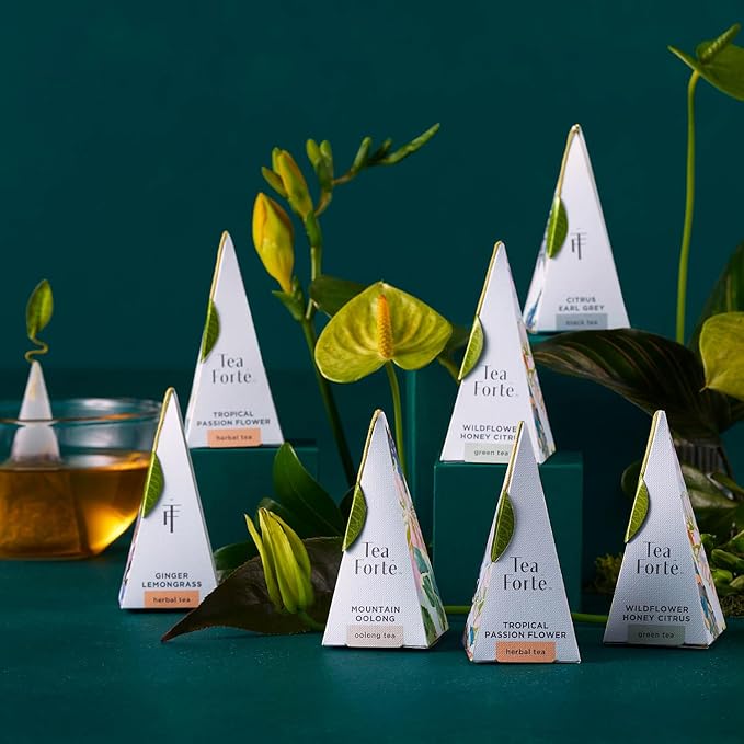 Tea Forte Premium Petite Presentation Box Gift Set Sampler, 10 Count, 2 of Each Blend Individually Wrapped Handcrafted Pyramid Infuser Bags, Demoiselle Tea