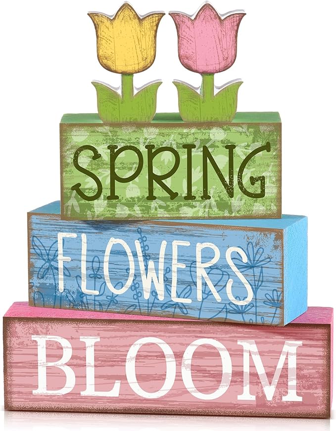 4 Pcs Spring Table Decor Wooden Tulip Spring Tiered Tray Decor Flowers Table Centerpiece Decorative Colorful Tulip Block Signs Gift Farmhouse Flowers Decoration for Home Kitchen Shelf