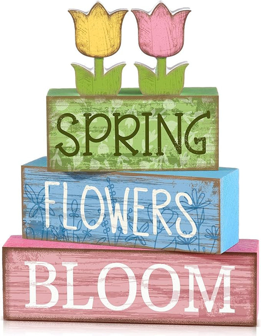 4 Pcs Spring Table Decor Wooden Tulip Spring Tiered Tray Decor Flowers Table Centerpiece Decorative Colorful Tulip Block Signs Gift Farmhouse Flowers Decoration for Home Kitchen Shelf