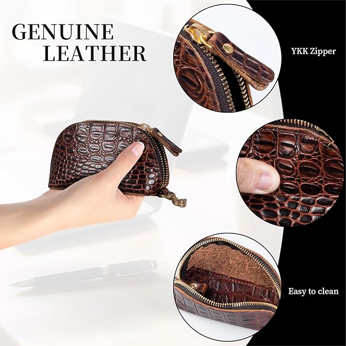 Gexmil Genuine Leather Coin Purse with Zipper, Full Grain Leather, Mini Coin Pouch for Women Men, Change Wallet,Crocodile Brown