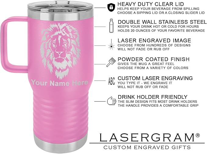 LaserGram 20oz Vacuum Insulated Travel Mug with Handle, Bronco Rider, Personalized Engraving Included (Light Purple)