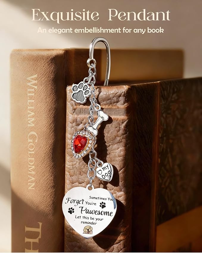 Buleens Bookmarks for Women Reading - Book Marks for Readers Book Lovers, Cute Feather Dog Paw Personalized Metal Bookmark with Pendants, Pretty and Aesthetic Book Accessories Reading Gifts