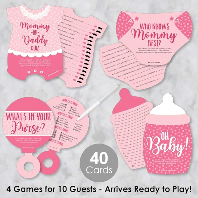 Big Dot of Happiness Baby Girl - 4 Pink Baby Shower Games - 10 Cards Each - Who Knows Mommy Best, Mommy or Daddy Quiz, What’s in Your Purse and Oh Baby - Gamerific Bundle