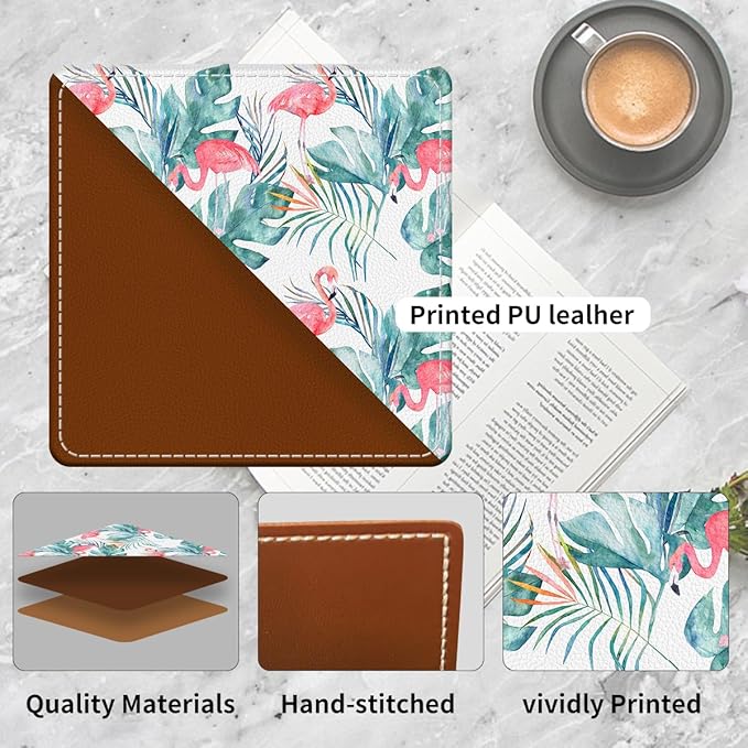 Cute Leather Bookmarks, Fun Triangle Making Corner Bookmark, Book Accessories for Reading Book Lovers, Unbreakable Page Markers for Women Men Tropical Flamingo Palm Trees
