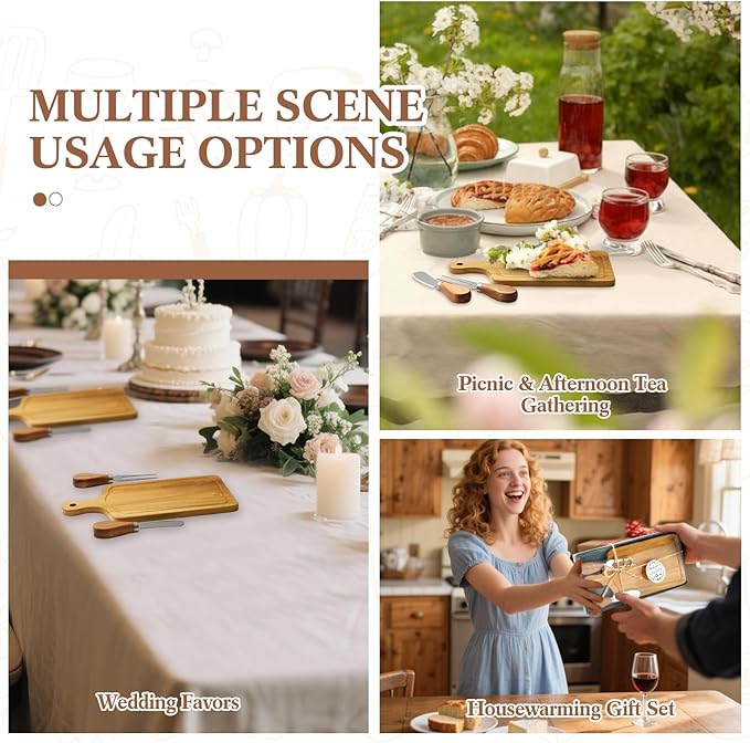 1 Set Bridal Baby Shower Cheese Prizes Wooden Square Board Gift Set Knives Forks Thank You Tags with Box for Guests for Valentines Bridal Baby Shower Housewarming (Teak Wood)