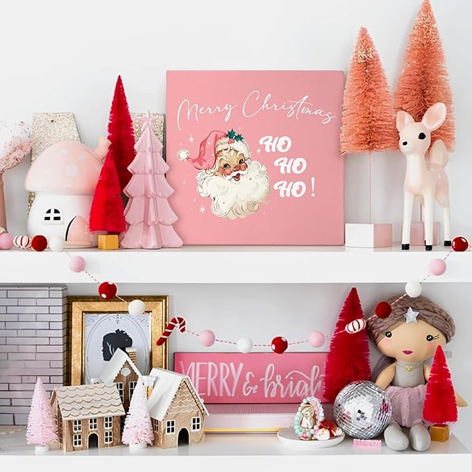 Mtrgdn Pink Santa Claus Decor Sign,Pink Merry Christmas Indoor Wood Box Signs Decorations,Rustic Santa Decor for Home Bathroom Bedroom Kitchen Office Desk Table Shelf Wall,Christmas Gifts for Women,5x5 Inch