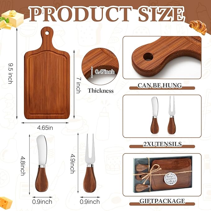 1 Set Bridal Baby Shower Cheese Prizes Wooden Square Board Gift Set Knives Forks Thank You Tags with Box for Guests for Valentines Bridal Baby Shower Housewarming (Carbonized Bamboo)