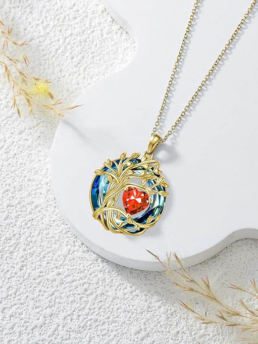 TOUPOP Tree of Life Birthstone Necklace 925 Sterling Silver Pendant Austrian Crystal Jewelry Anniversary Valentine's Day Birthday Gifts for Women Mom Her Wife