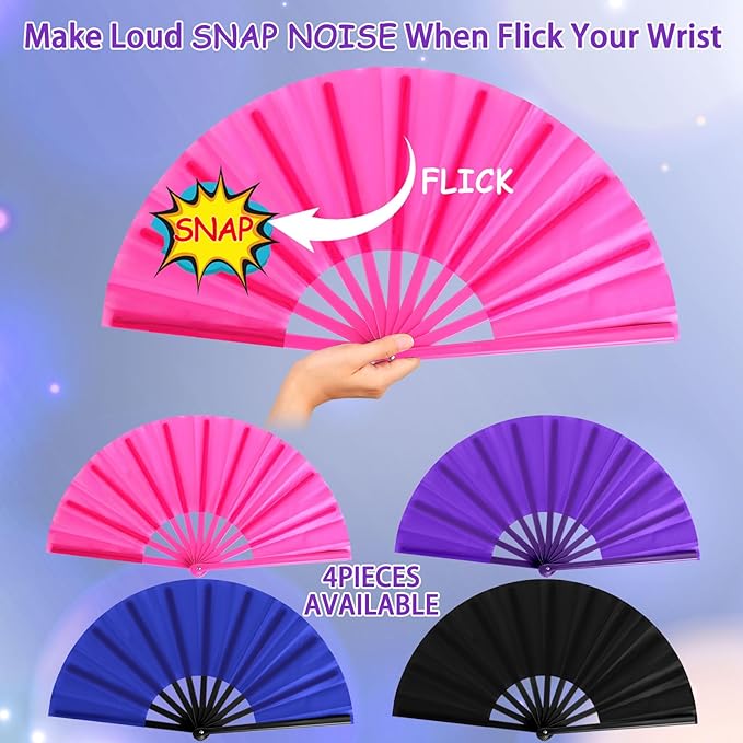 Blulu 4 Pcs 13 Inch Large Folding Hand Fans for Line Dancing Big Clapping Popping Raves Fans Bulk for Dancing Boots on The Ground Festival Party Decoration(Classic Style, Black, Purple, Pink, Blue)