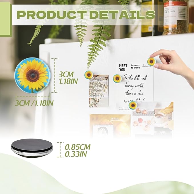 Fridge Magnets 6 Pcs Sunflower Against Blue Background Round Strong Magnetic Glass Small Refrigerator Magnet,Home Decoration for Office Whiteboards,Classrooms,Cabinet and Dishwasher
