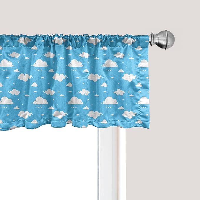 Ambesonne Sky Blue Window Valance, Fluffy Clouds Day Time Illustration Cheerful Heavenly Cartoon, Curtain Valance for Kitchen Bedroom Decor with Rod Pocket, 42" x 18", Deep Sky Blue and White