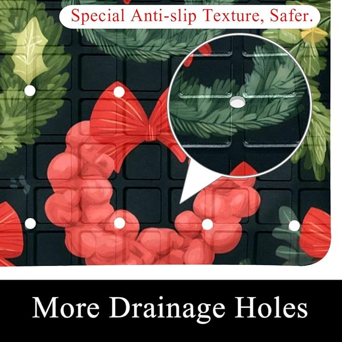 Bathtub Mats for Shower Tub, Christmas Wreath New Year Tree Cartoon Pattern Anti-Slip Bath Mats for Inside Tub, Bathroom Shower Mats with Drain Holes and Suction Cups
