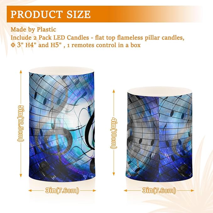 Music Notes and Clef in Space with Stars Flickering Flameless Candles Battery Operated with Remote Timer,Tea Light Candles LED Pillar Votive Candles Set of 2 for Outdoor Indoor Decorations