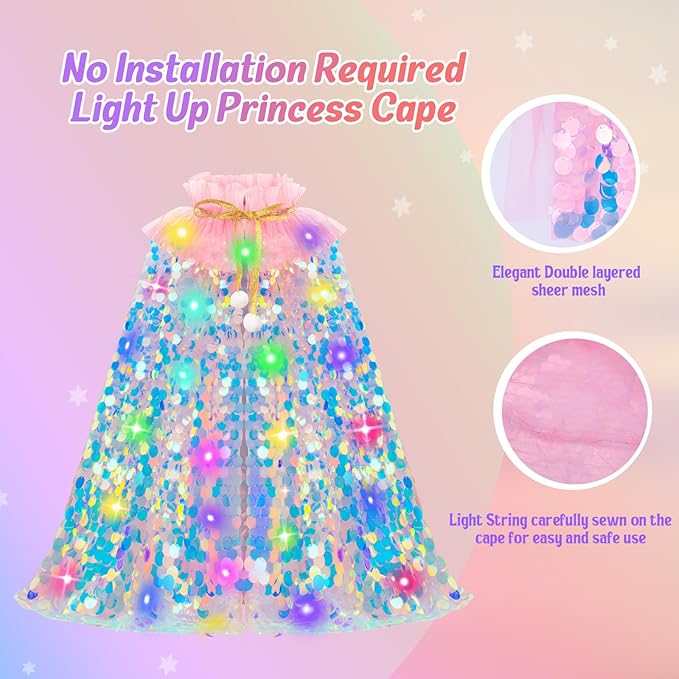 Meland Princess Dress Up for Girls 3-8, 11Pcs Mermaid Cape with Crown, Dress Up Clothes Birthday Gift Toys for Girls Toddlers