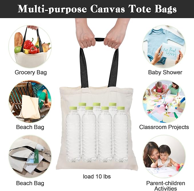 Roowest 120 Pieces Cotton Tote Bag Bulk 15 x 16 Inch Blank Shopping Cloth Bags Reusable with Long Handle for Women Men DIY(Beige, Black)