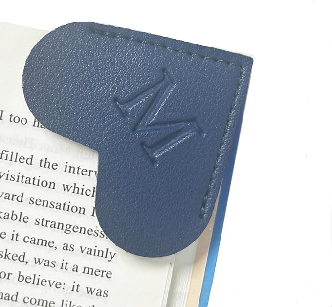 MOTEERLLU Personalized Leather Heart Bookmark with Initials, Cute Custom Corner Bookmarks for Reading Women, Men, Kids, Teachers, Book Lovers Gifts(Blue M)
