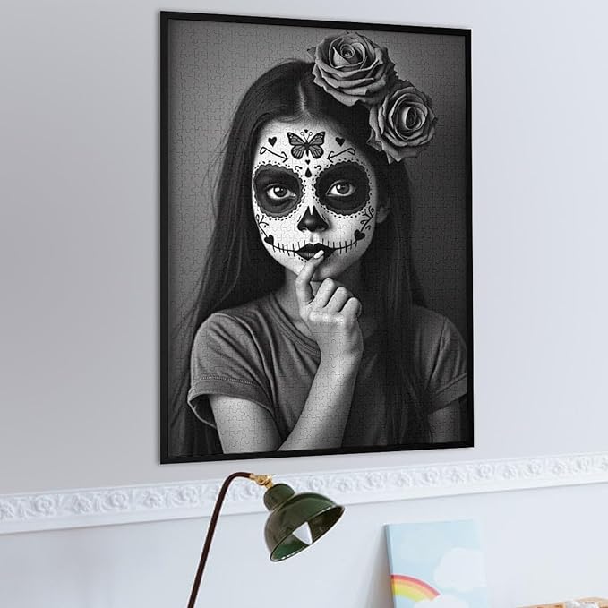 Funny Wooden Puzzle - Gorgeous Sugar Skull Lady Day of The Dead Puzzle for Adult 1000 Piece，Wooden Jigsaw Puzzles Art Leisure Game Fun Suitable Family Friends Educational Learning Games Gift