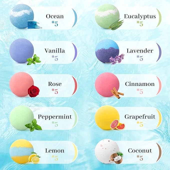 TranquilBliss Bath Bombs Set 50 PCS with 10 Rich Scents, Bath Bombs for Women, Natural Bubble Bombs with Shea Butter & Safe Oil, Ideal for Valentine's Day, Christmas, Birthday, Mother's Day Present