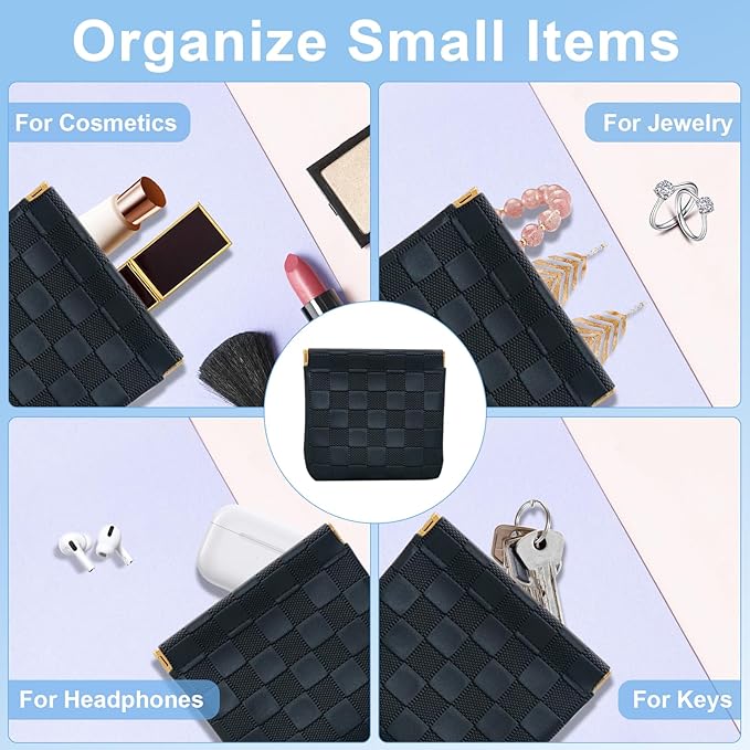 2PCS Small Makeup Bag for Purse, Mini Leather Pocket Cosmetic Bag for Women, Waterproof Portable Makeup Pouch No Zipper Coin Purse Lipstick Bag Accessories, Checkered Travel Storage Bag (Black)