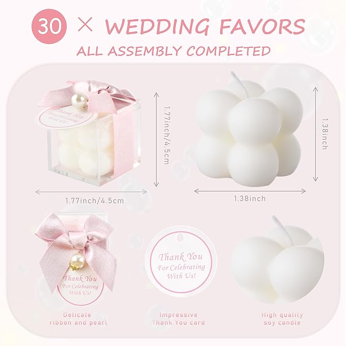 ACITHGL 30 Sets Small Bubble Candle Wedding Candles Favors for Guests Bulk Bridal Shower Favors Candles with Stylish Ribbons Thank You Cards Gifts (Shimmering Pink)