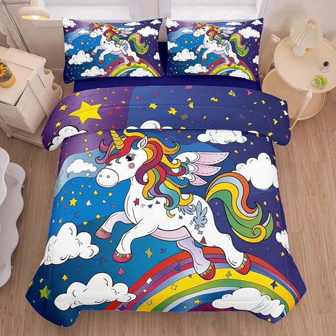 Unicorn Comforter Set - 5PCS Bedding Set for Girls, Rainbow Unicorn Theme, Bed in a Bag with Flat & Fitted Sheet, Pillowcase