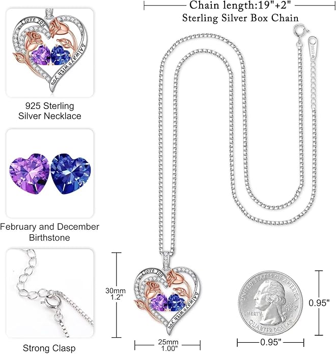 Iefil Valentines Day Gifts for Her - 925 Sterling Silver Rose Heart Birthstone Necklace Birthday Anniversary Jewelry Gifts for Her Wife Mom Daughter