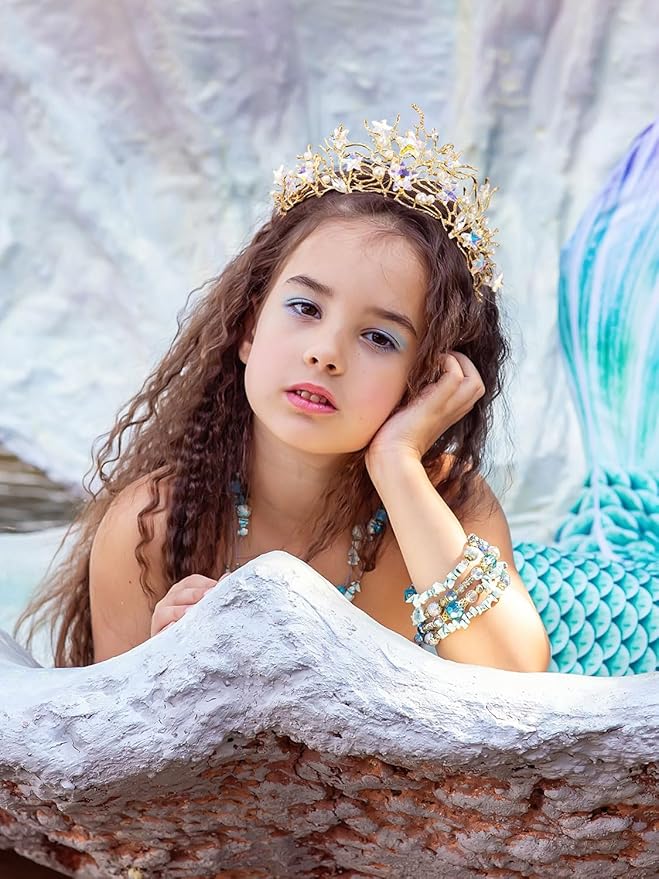 SWEETV Mermaid Tiara for Girls Women, Gold Princess Crown Diadem, Jeweled Headpiece Costume Hair Accessories for Birthday Prom Quinceanera Halloween