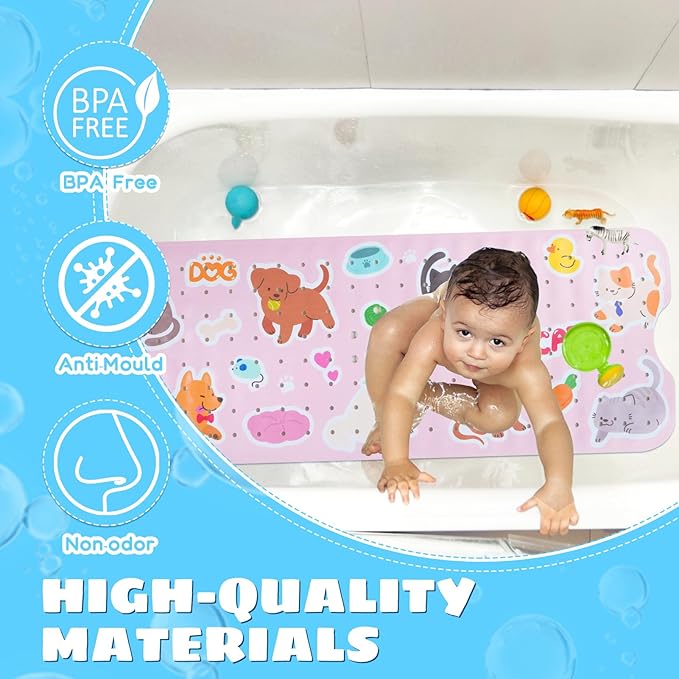 Baby Bath Mat for Tub Non Slip Kids Bathtub Mat Extra Long 40X16 Inch Toddler Bath Tub Shower Mat Anti Slip with Suction Cups & Drain Holes, Machine Washable (Cat Dog)