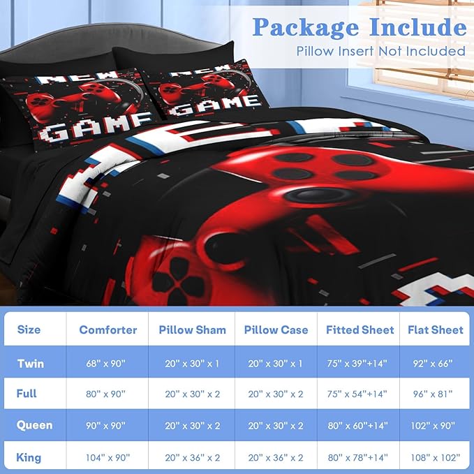 Comforter Set Twin Size, Retro Gaming Gamepad 5 Pcs Bedding for Kids and Adults, Play Computer Video Games Bed Sheet Sets with Fitted Sheet Pillowcase & Sham for Bedroom Bed Decor