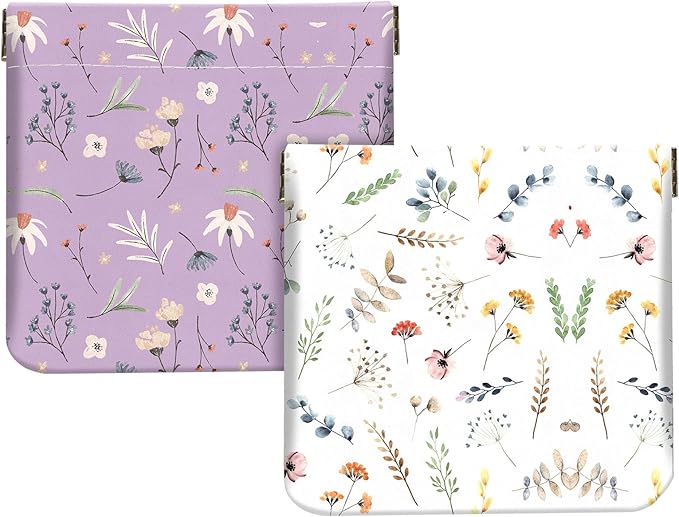 2Pcs PU Leather Small Squeeze Coin Purse Pouch Mini coin Bag Unique And Cute Wallet Cosmetic Bags Change Bag For Women Girls Men White And Purple Floral