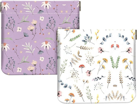 2Pcs PU Leather Small Squeeze Coin Purse Pouch Mini coin Bag Unique And Cute Wallet Cosmetic Bags Change Bag For Women Girls Men White And Purple Floral